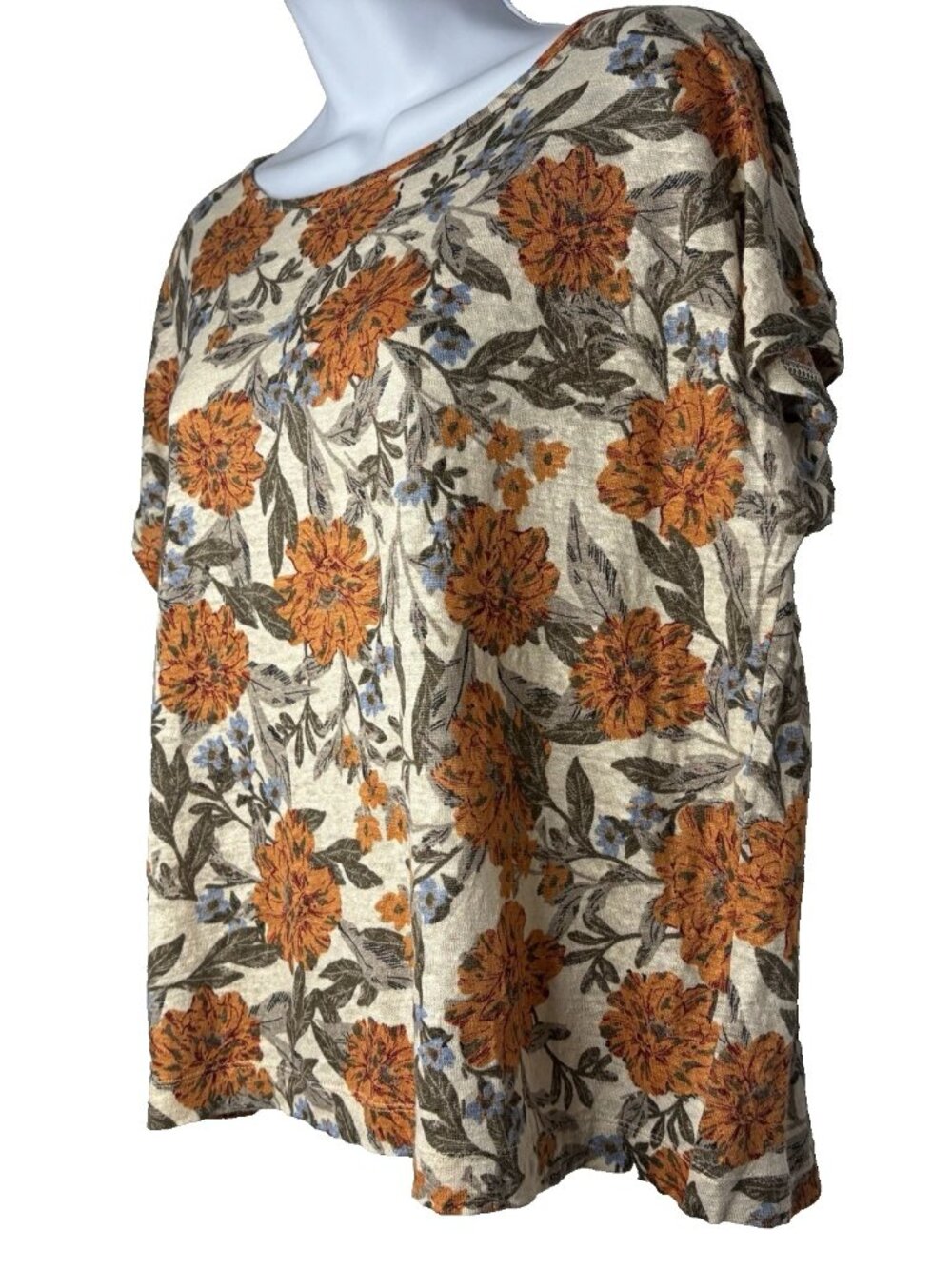Haute Hippie Linen Blouse Top Size L Cream Orange Floral Abalone Button Back - Picture 7 of 8